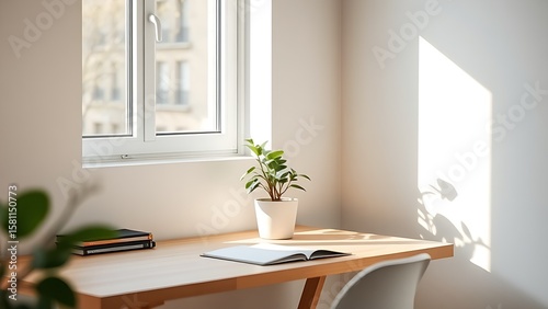 A minimalist wooden desk with a potted plant, basking in natural sunlight for a clean aesthetic.