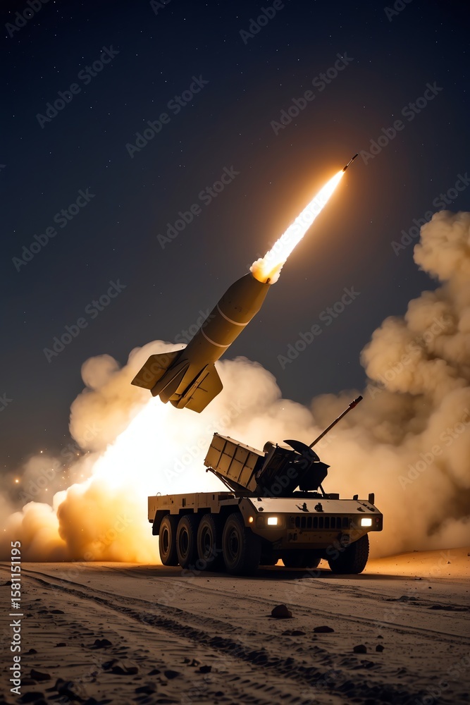 Obraz premium Military missile launch at night from transport vehicle against starry sky