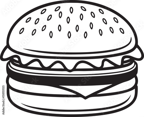 Simple black and white line art illustration of a hamburger isolated on transparent background