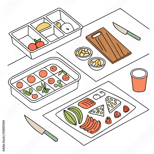 Isometric view of food preparation scene with containers of fruits vegetables and cutting boards displayed