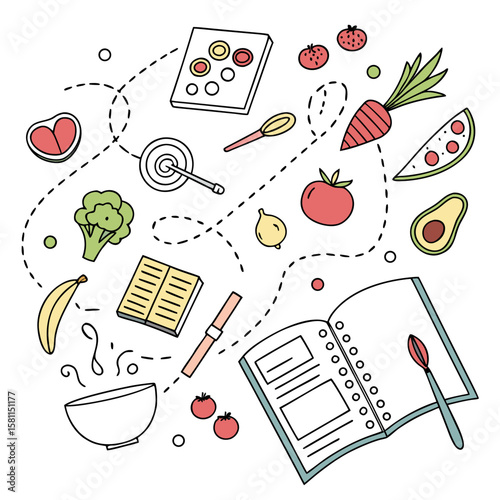 Illustration of cooking ingredients and recipe book with dashed lines and kitchen utensils around it