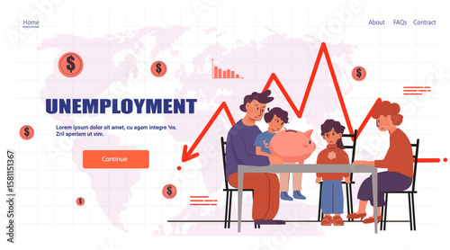 Unemployment economic crisis family financial stress piggy bank sad parents children declining graph world map web banner