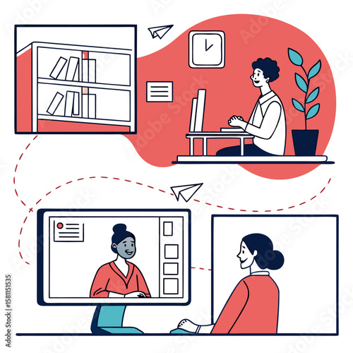 Illustration of two people video conferencing with a bookshelf clock and plant in the background