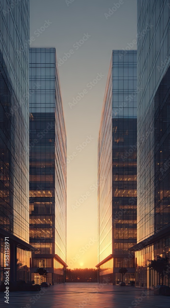Naklejka premium Two modern skyscrapers meet at sunset