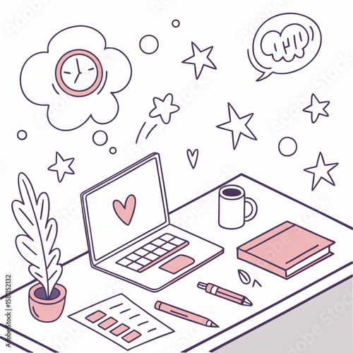 Illustration of a desk with laptop, plant, coffee mug, book, pens, and thought bubbles with clock and stars