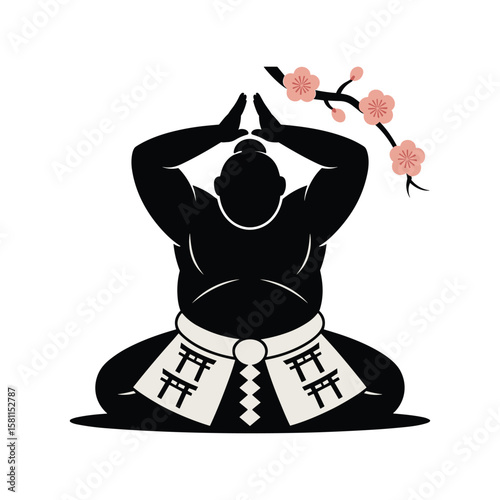 Traditional japanese sumo wrestler silhouette with cherry blossoms on white background