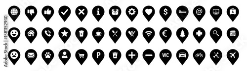 A black-and-white set of vector icons shaped like map markers (pins) with various symbols inside, commonly used for maps, navigation, or app interfaces
