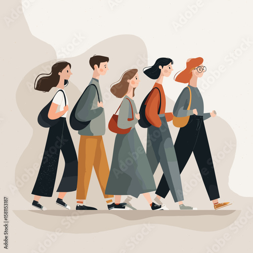 Students returning to school at the start of the new academic year, eager and excited, heading to their classes after vacation