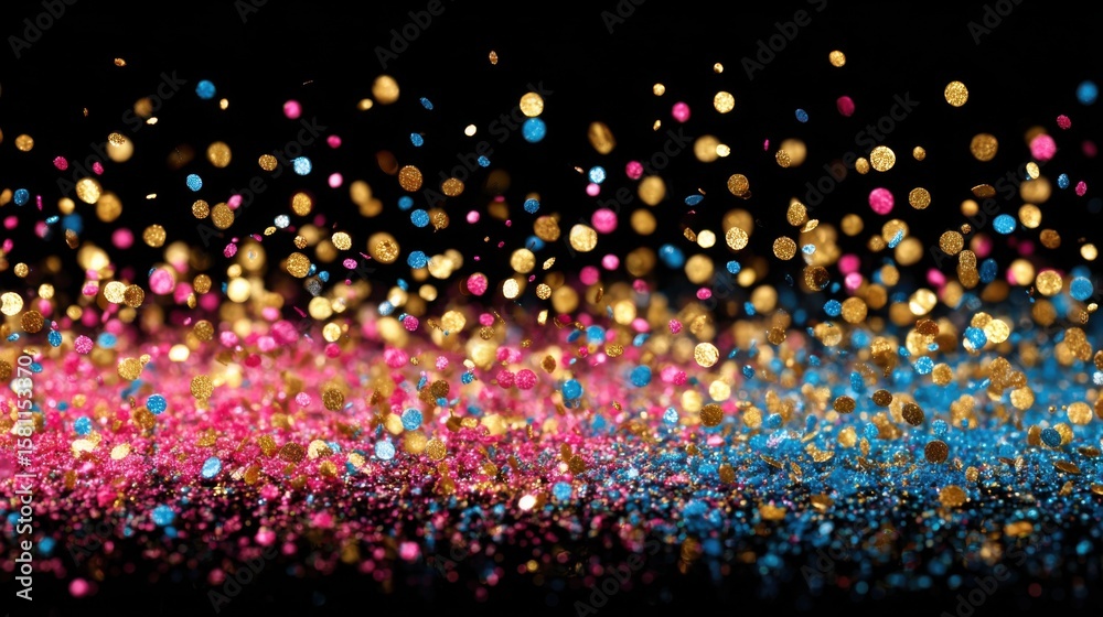 Fototapeta premium Colorful glitter particles scatter across a dark background, showcasing hues of pink, blue, and gold. This lively display adds excitement to any festive occasion or celebration.