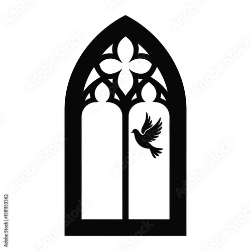 Silhouette of a gothic church window with a dove in flight symbolizing peace and hope