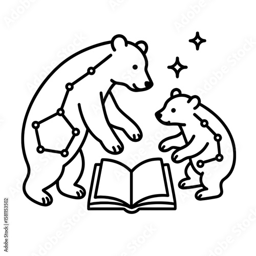 Illustration of Ursa Major and Ursa Minor constellations as bears reading a book, educational astronomy concept