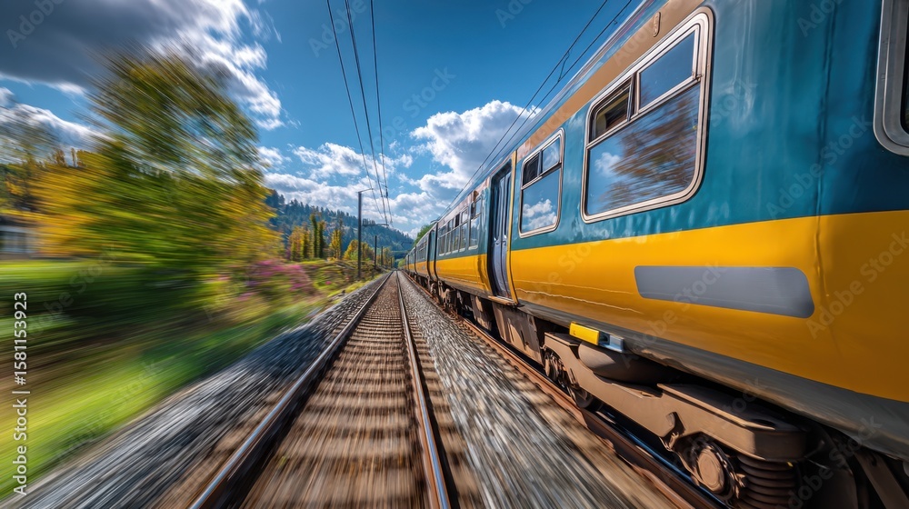 Obraz premium A bright, colorful train speeds along the railway surrounded by vibrant greenery and rolling hills under a blue sky with fluffy clouds. The landscape showcases nature's beauty.