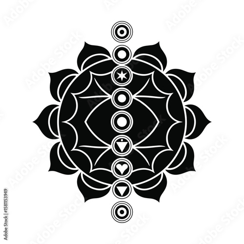 Intricate black and white illustration of the seven chakras symbols with lotus flower design