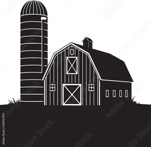 Classic american barn and silo with grass in a simple silhouette style