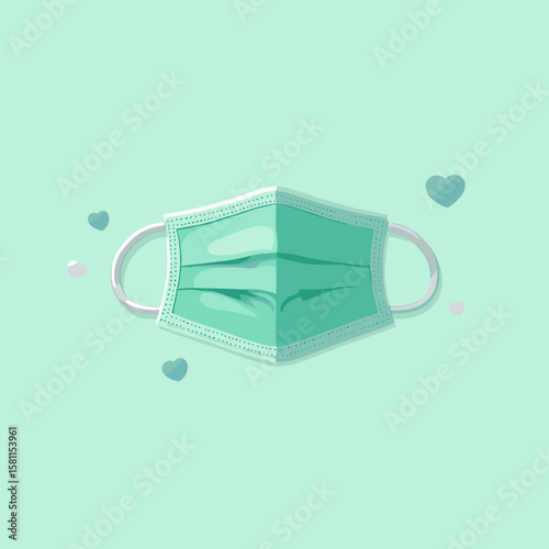Medical mask on pastel background with hearts, conceptual illustration of healthcare