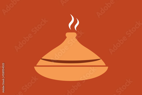 Orange Moroccan Tagine Pot with Steam Rising on Red Background