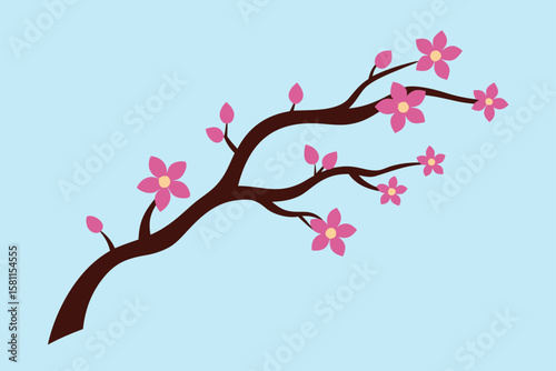 Pink Cherry Blossom Branch on Light Blue Background