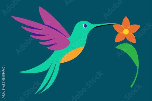 Teal Hummingbird Hovering Near Orange Flower teal bird