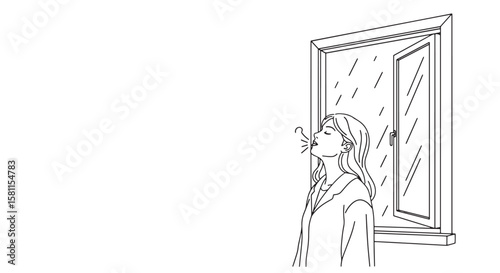 Woman Taking Deep Breath by Open Window on Rainy Day - Mindful Relaxation Line Art