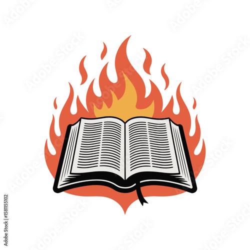 A symbolic illustration of an open book surrounded by flames and religious symbolism