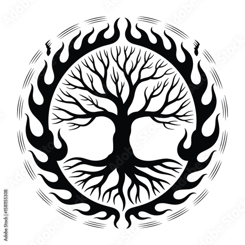 Intricate black silhouette of a tree of life emblem framed by flames and circular details