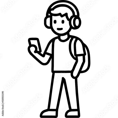 Teenager with headphones outline icon vector