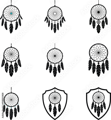 Collection of intricate dreamcatcher designs featuring feathers and indigenous artistic elements