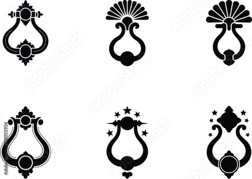 Collection of black silhouette door knockers with decorative ornate floral and star designs