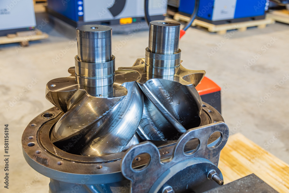 Fotografie Shiny new screw compressor rotors showing engineering precision