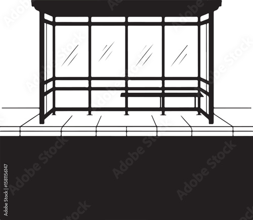Modern bus stop shelter with bench and tiled pavement in a clean silhouette