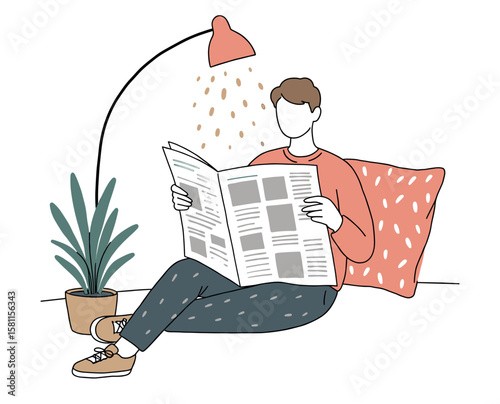 Person sitting comfortably reading a newspaper under a lamp with a plant