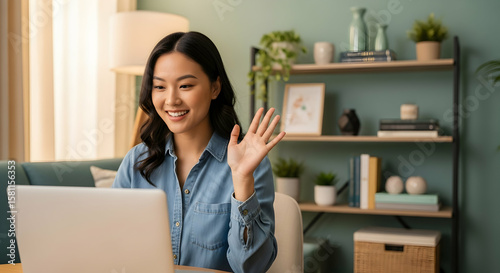 Cheerful asian woman using laptop for online communication from her cozy living room