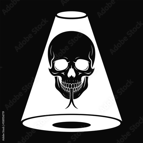 Black and white skull illustration inside a spotlight symbolizing death and darkness concept