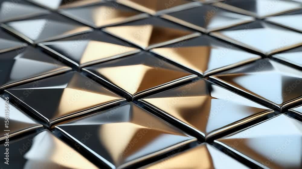 Mosaic tile pattern with metallic glazed tiles in interlocking triangles, well-lit and detailed surface reflections