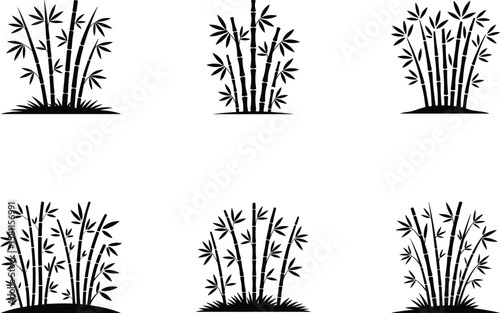 Set of six black and white stylized bamboo illustrations isolated on a white background