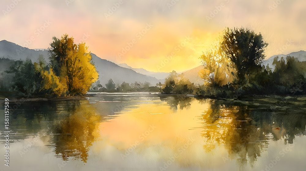 Obraz premium Artistic Watercolor Lake View at Morning Light