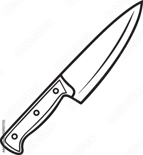 Simple black and white line drawing of a chef s knife isolated on transparent background