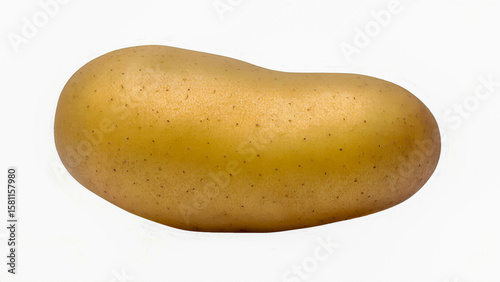 A close-up photograph of a single fresh, whole, unprocessed potato. The vegetable is slightly oval in shape and has a light brown skin with small eyes. The isolated object is on a white background.