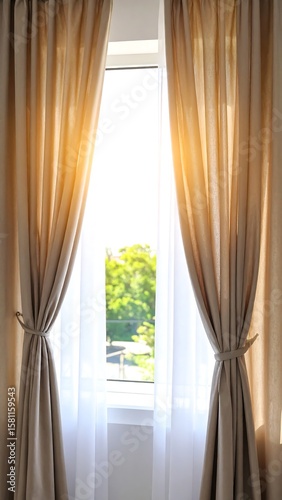 Window with beige curtains  sunlight streaming through