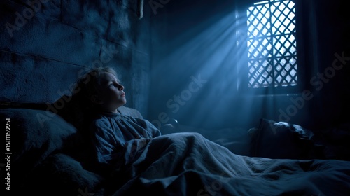 Young Samuel rises from his bed in the night as God calls him, moonlight illuminating the quiet temple chamber in a moment of divine encounter and silence.