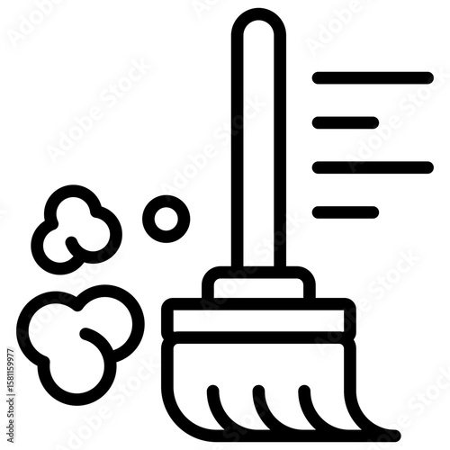Sweeping Outline Icon Vector Design - broom with motion lines and dust clouds, symbolizing sweeping or dry cleaning activity