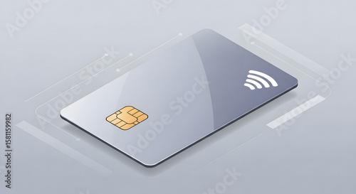 Sleek modern credit card with EMV chip and NFC payment symbol, financial technology vector illustration on a digital background.