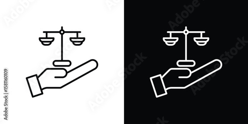Justice scales in Hand icon thin line symbol on white background. Editable stroke vector illustration