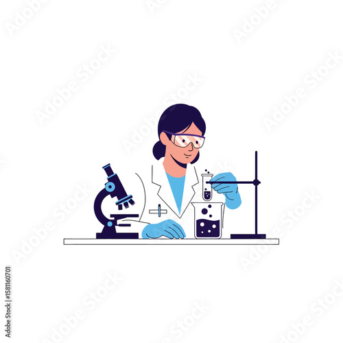 A female scientist in a lab coat conducting a scientific experiment with glassware.