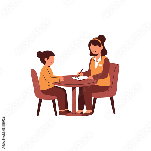 A woman takes notes while sitting across from a child at a small round table.