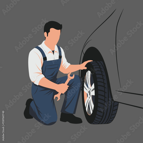 A mechanic in overalls examines a car tire with a wrench, ready for repair.