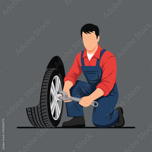 A mechanic in overalls is working on a car tire with a wrench.