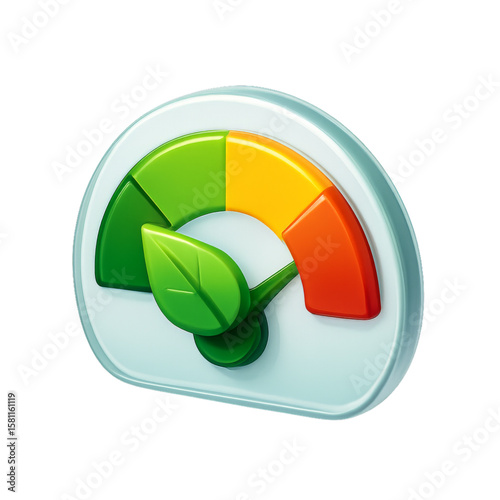 Carbon Footprint Gauge Icon for Sustainability Dashboards Vector. Isometric 3D carbon meter with leaf needle and traffic-light gradient, perfect for ESG dashboards, annual reports and eco apps. 
