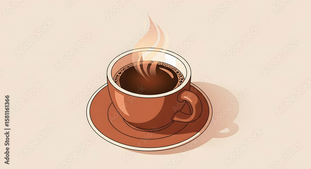Obraz premium Steaming hot coffee in a brown cup and saucer, vector illustration on a light beige background.
