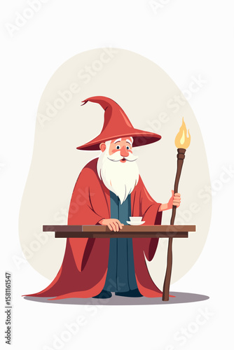 Cheerful wizard in a red robe holding a staff and a cup, fantasy illustration